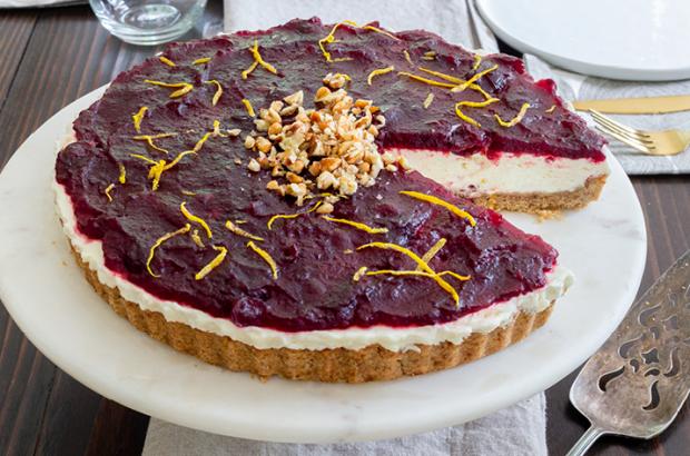Chevre mousse tart with a pecan crust topped with cranberries 