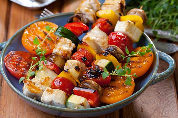 Marinated, grilled veggie and chicken skewers