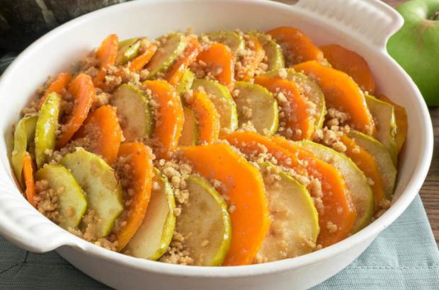 Winter squash and apple bake in a casserole dish