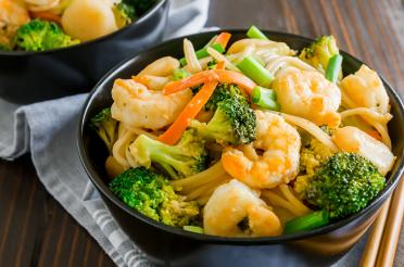 Bowl of Shrimp and Broccoli Lo Mein with Whole Wheat Spaghetti