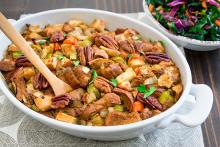Apple and Celery Stuffing in a casserole dish