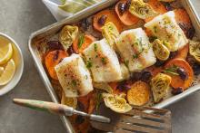 Sheet Pan Cod with Sweet Potatoes and Olives